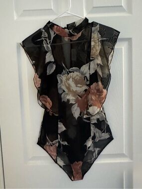 Lavender Field Black Sheer Floral Ruffle Bodysuit with Blush and Cream Accents